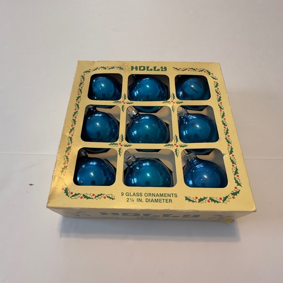Holly Vintage Blue Glass Christmas Ornaments Set of 9 USA Made 2.25 Inch #214/9 - Picture 6 of 8